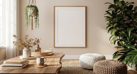 Bohemian Living Room Interior with Blank Frame Mockup on Wall.