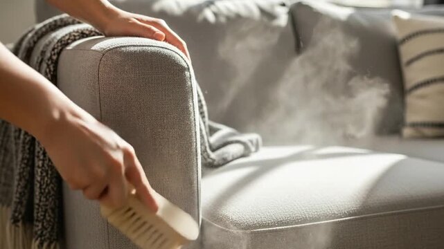 Cleaner brushes sofa, removing dust at home. Fresh, spotless couch cleaning video.