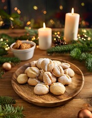 Collection of photos of Pfeffern&uuml;sse cookies, small spiced honey and molasses treats with sugar glaze, festive Christmas desserts, cozy holiday baking scene, rustic wooden plate, warm golden lights.