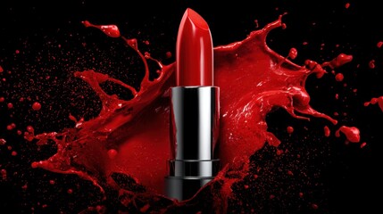 Red lipstick is centrally placed, surrounded by dynamic splashes of bright red. The contrast highlights the product's allure and emphasizes beauty in a striking manner.