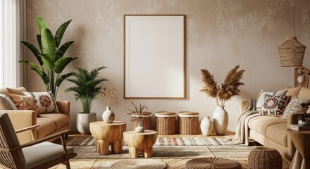 Bohemian style living room interior with a blank vertical poster frame for mockup.