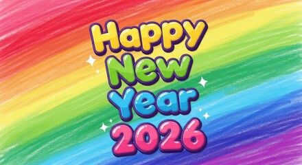 Happy new year 2026 colorful bubbly text on rainbow background