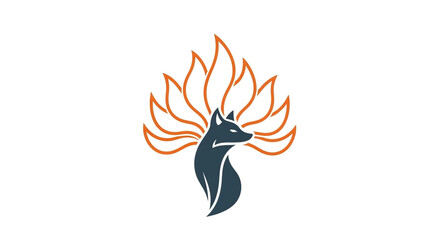 Obraz premium Stylized modern logo design featuring the silhouette of a fox's head with nine flowing tails stylized as flames or leaves