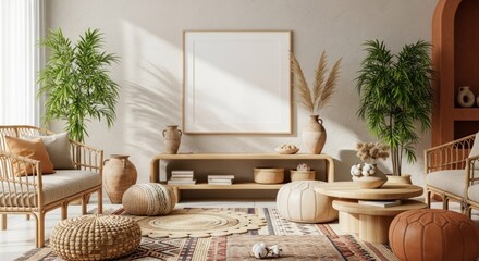Boho chic living room interior with a blank square frame mockup for art display.