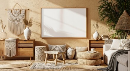 Bohemian style living room interior with a large horizontal mockup frame on a beige wall.