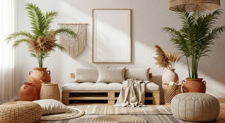 Cozy boho style living room with pallet sofa potted plants and empty poster frame.