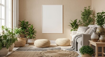 Cozy bohemian living room interior with a blank mockup frame and many green plants.