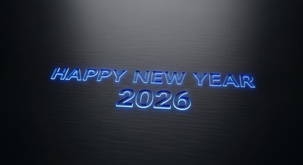 Happy new year 2026 bright blue neon text on dark metal texture