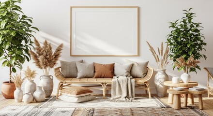 Modern Bohemian Living Room Interior with Mockup Poster Frame on White Wall.