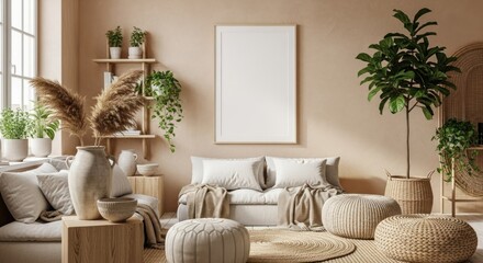 Modern Bohemian Living Room Interior with Blank Mockup Canvas and Natural Decor.