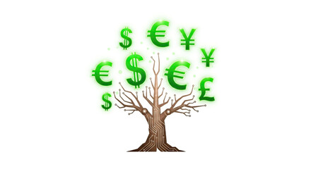 Digital circuit board stylized tree trunk growing glowing green currency symbols against a white background