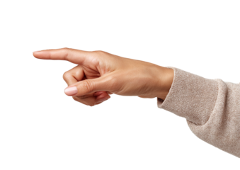 Close-up of a hand pointing right.  A light beige/tan sleeve is visible