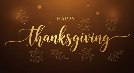 Gold script text "Happy Thanksgiving" on a dark brown background with stylized leaf outlines, evoking a feeling of autumn harvest and celebration