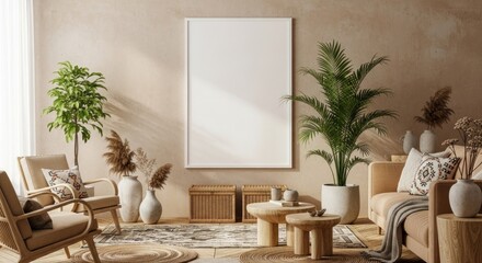 Stylish bohemian living room interior with a blank poster frame mockup.