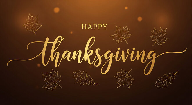 Gold script text "Happy Thanksgiving" on a dark brown background with stylized leaf outlines, evoking a feeling of autumn harvest and celebration - Powered by Adobe