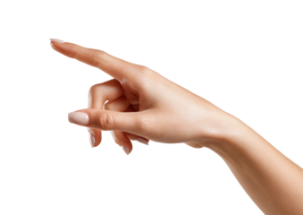 Close-up of a light-skinned hand, pointing outward.  Soft, smooth skin, light-pinkish-nude nails.  Clear, studio shot against a pure black background.  Natural light and well-defined contours
