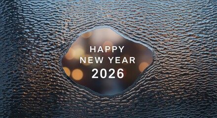 Happy new year 2026 message on textured glass, festive bokeh