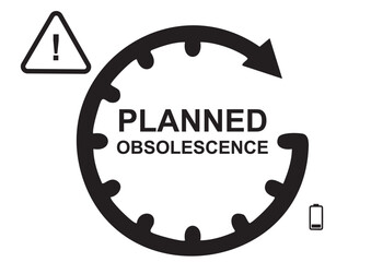 Planned Obsolescence Concept with Circular Arrow and Warning Icons isolated on transparent background. Device lifecycle risks. Black and white vector ideal for business. Vector illustration