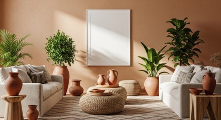 Stylish bohemian living room interior with blank poster frame for mockup.