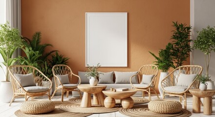Stylish Bohemian Living Room Interior with Rattan Furniture and Blank Frame Mockup.