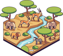 Isometric African Savanna Diorama Vector Illustration