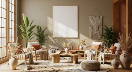 Sunlit Bohemian Living Room with Rattan Furniture and Blank Frame Mockup.
