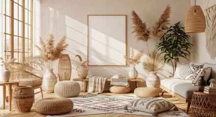 Sunlit bohemian living room interior with pampas grass and a blank mockup frame for art.