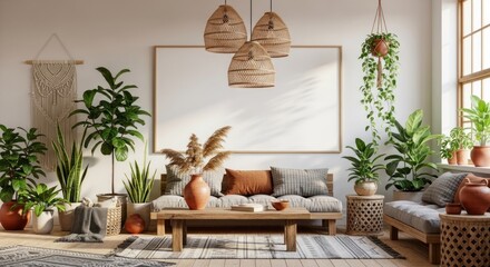 Sunlit bohemian style living room interior with cozy sofa and many green plants.