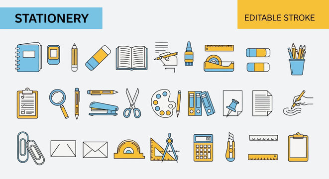 Stationery essentials A sleek line collection of office and school supplies in a simple icon style