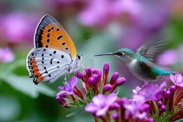 Obraz premium Hummingbird and Butterfly on Purple Flowers