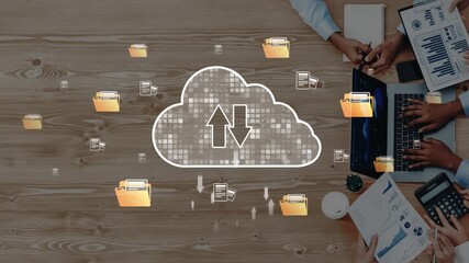 A visual representation of cloud storage with file folders and data exchange arrows, showcasing business collaboration over technology on a rustic wooden desk. Raster - Powered by Adobe