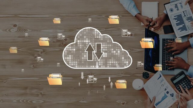 A visual representation of cloud storage with file folders and data exchange arrows, showcasing business collaboration over technology on a rustic wooden desk. Raster