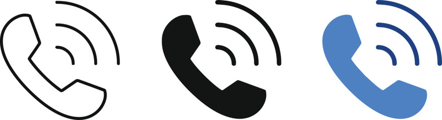 phone, telephone, receiver, call, ringing, communication, contact, icon, set, collection, outline, black, blue, signal, waves, graphic, design, symbol, vector, technology, old, retro