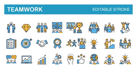 Collection of teamwork and collaboration icons in a sleek line style for business and project management