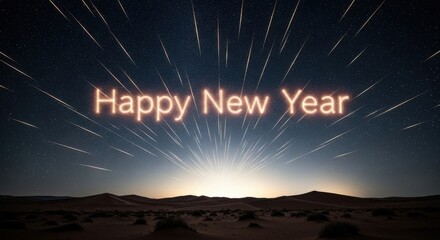 Happy new year glowing text with desert night sky celebration.