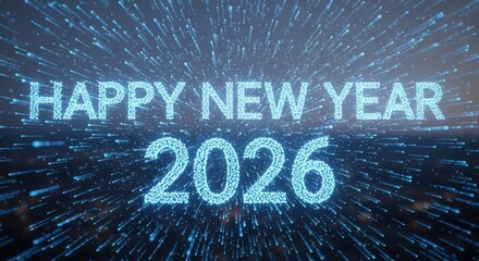Happy new year 2026 digital greeting with glowing particle burst