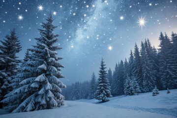 Magical Winter Night Snowy Forest Landscape with Starry Sky, Frosted Pine Trees, and Peaceful Scenic Atmosphere