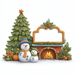 Cozy Christmas Corner: A festive holiday scene, featuring a snowmen, christmas tree, fireplace, create a warm and inviting atmosphere, perfect for seasonal designs.