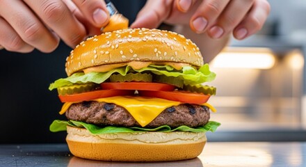 A close-up shot of a chef adding a topping to a fully loaded burger with fresh ingredients.