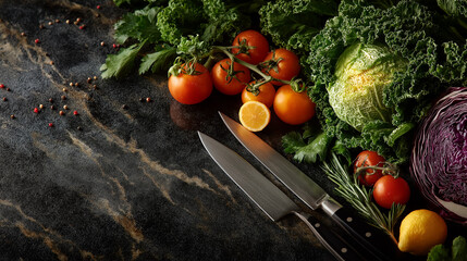 Fresh Ingredients Culinary Display: A tantalizing arrangement of vibrant, fresh ingredients, including ripe tomatoes, crisp lettuce, sharp knives, and fragrant herbs.