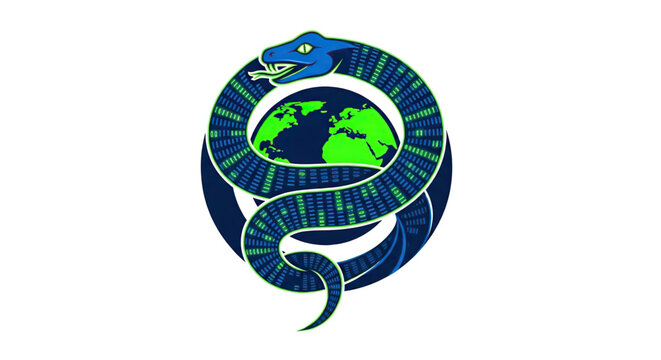 Digital snake coiled around a glowing green earth globe with binary code patterns representing global cybersecurity and data connectivity