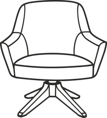 Modern swivel armchair furniture illustration with cushioned seat design, ergonomic interior seating symbol for home decor and office arrangement, flat vector illustration