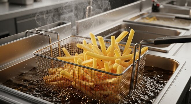 French fries being deep fried in a commercial kitchen fryer.