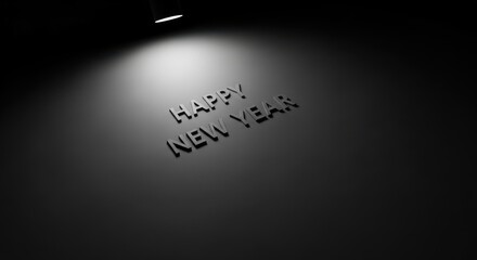 Happy new year 3d text illuminated by spotlight on dark surface