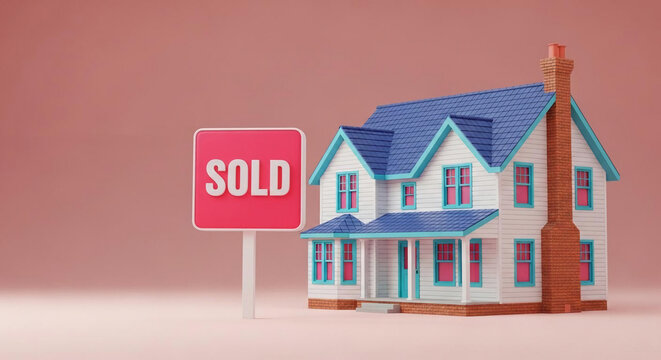 3D house model with a sold sign representing real estate sales property transactions and the housing market on a pink background