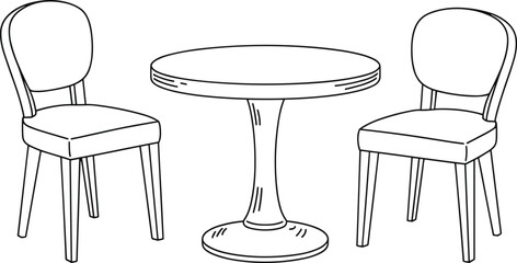Round dining table with two modern chairs in simple black outline style, minimalist furniture arrangement for interior decor and design use, flat vector illustration