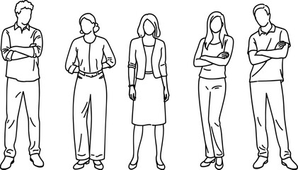 Group of standing business people in clean outline style, professional team illustration showing diverse poses for workplace design and branding, flat vector illustration