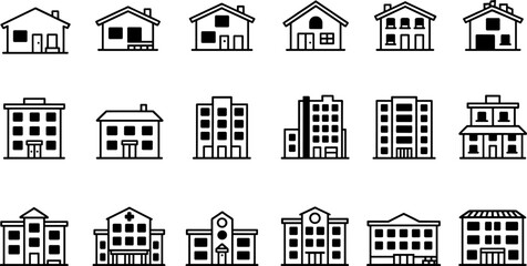House and building icon collection with residential homes, apartment structures, commercial properties, urban architecture symbols for design use, flat vector illustration