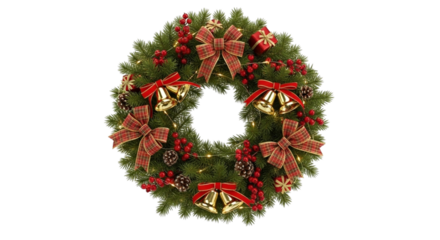 Christmas wreath with red bows and gold bells isolated on transparent background