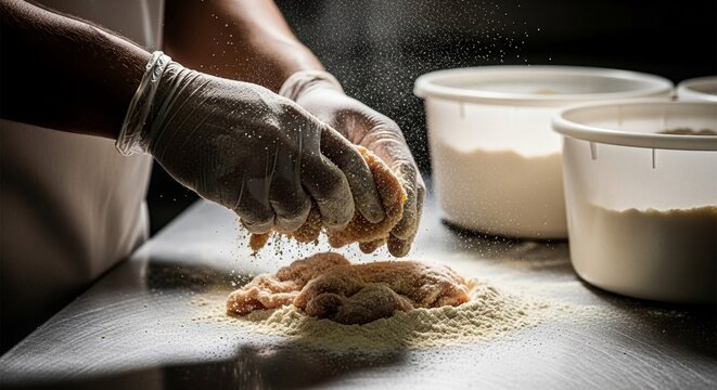 Breaded chicken cutlet being prepared in a kitchen with flour.